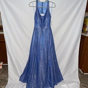 Morgan & Co. Shimmering Blue & Silver Halter Neck Gown Size 11 NWT